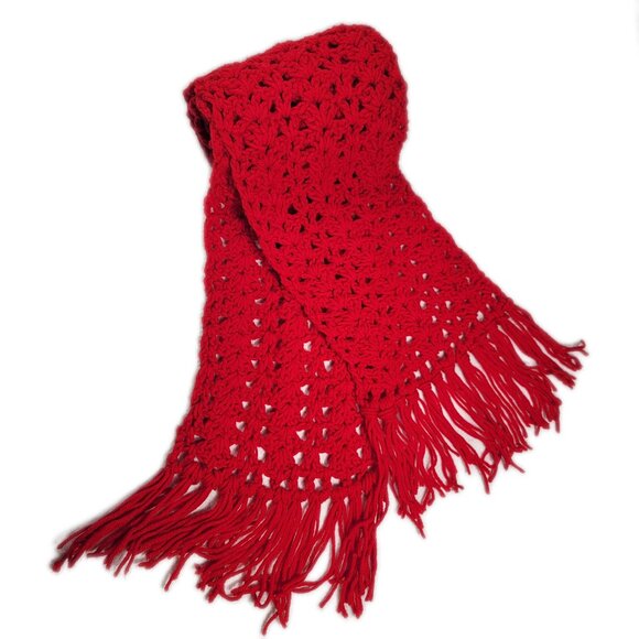 Vintage homemade scarf crocheted bright red fringe 7' long‎ - Picture 2 of 8